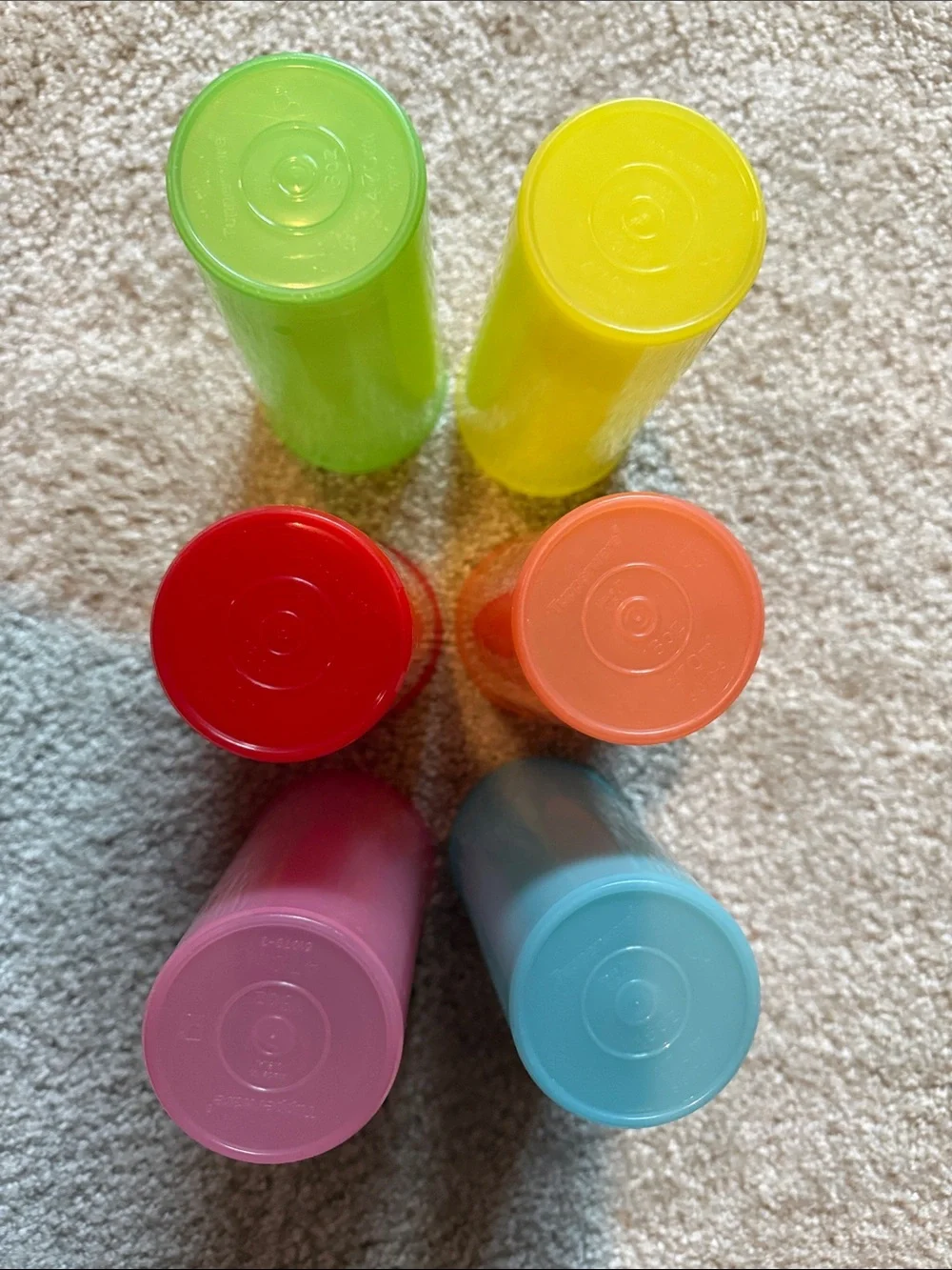 Tupperware set of 6 Colorful Plastic Tumblers - Yellow, Orange, Blue, Green, Red